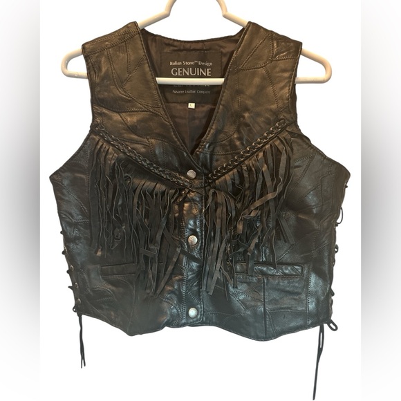 NWT Navarre Italian Stone Genuine Leather Vest Womens Lg Black Fringe Biker - Picture 1 of 9